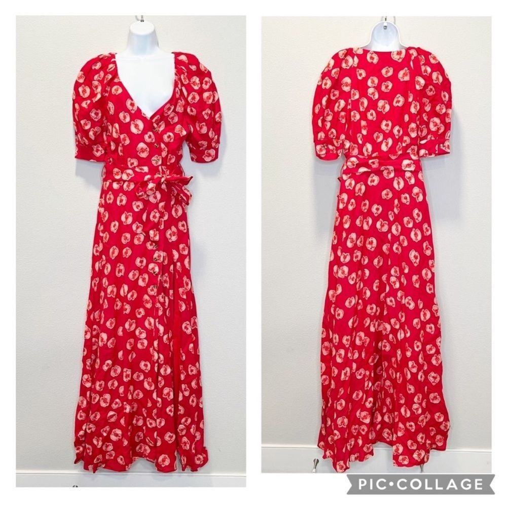 NEW Fame & Partners x Free People Button Front Floral Red Long Dress Boho Size 2